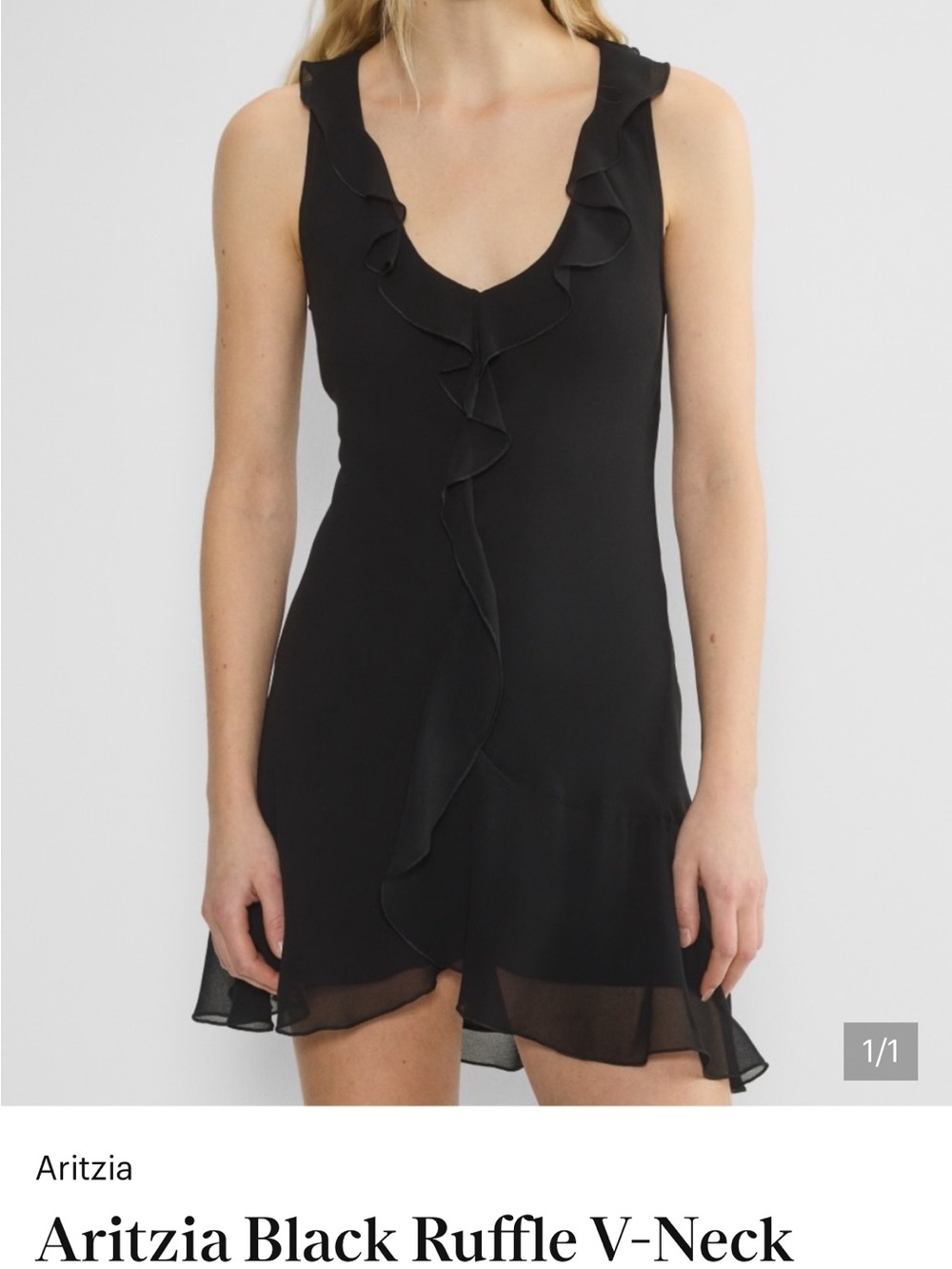 Aritzia Black Ruffle V-Neck Mini Dress